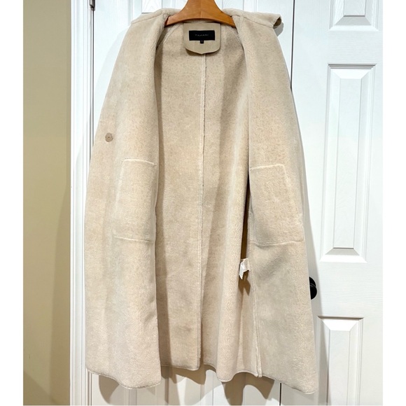 Tahari Sz 10/12 Faux Suede Long Trench Coat, Cream Fur Trim women’s large - Picture 7 of 16